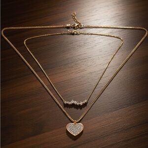 2 Necklace Set Gold Heart Pendant Necklace Unique Diamond Necklace